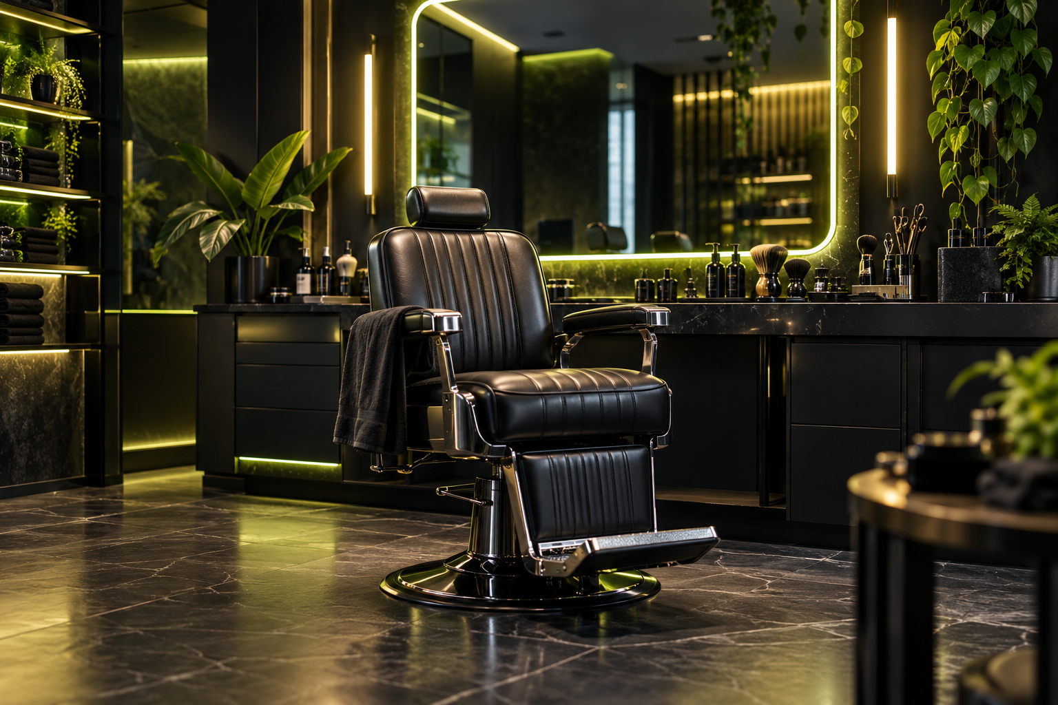 Ilustração gerada por IA: Ambiente de uma barbearia contemporânea