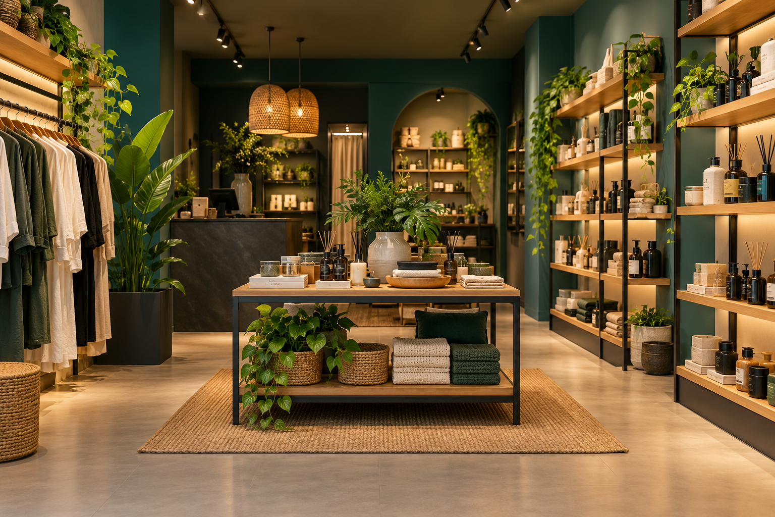Ilustração gerada por IA: Interior de loja com produtos organizados