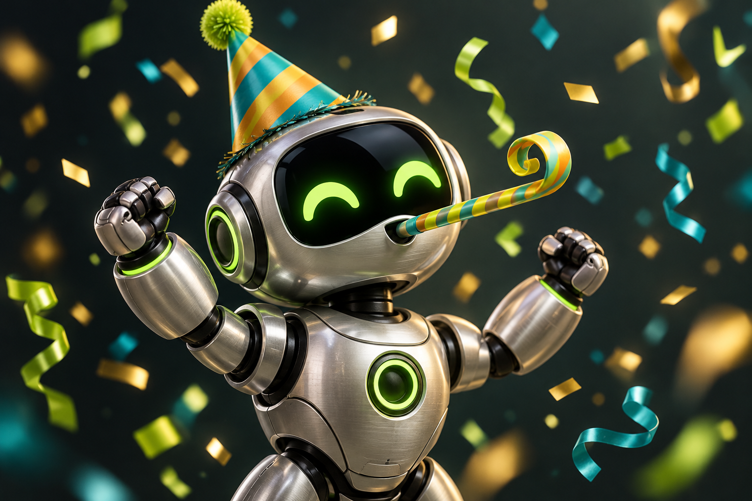 Robô de aniversário com chapéu de festa, língua de sogra e confetes